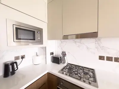 a kitchen with a stove and a microwave at ADDRESS Residences Opera 2BR Tower 1 - EPIC 30th floor Burj Khalifa view byBLCK with DXB AIRPORT VIP Shuttle option in Dubai