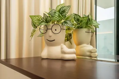 twootted plants sitting on a table with glasses at Ahlan HH - Stylish Studio with Pool & Gym, Azizi Riviera 26 in Dubai