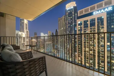 a balcony with a view of a city skyline at FIRST CLASS 4BR Spacious Luxury Retreat in Dubai