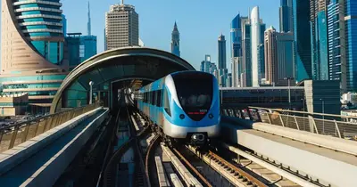 a blue and white train on the tracks in a city at Wanderlust Partiton Room in Tecom Near Internet City Metro in Dubai