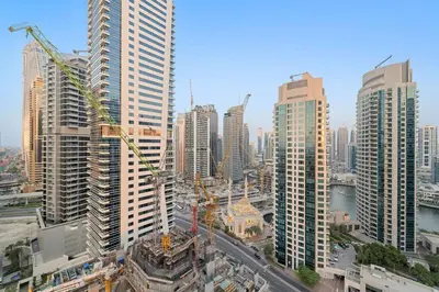 an aerial view of a city with tall buildings at FIRST CLASS 2BR Luxurious Escape in Dubai