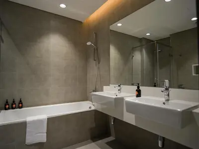 a bathroom with two sinks and a bath tub at Amazing 2BDR with Lagoon view in District One 13 Al Merkadh in Dubai