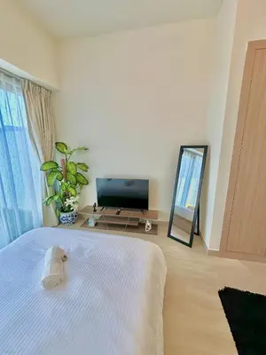 a bedroom with a bed and a mirror and a television at Cozy Retreat, Relax and Explore in Dubai