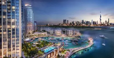 an aerial view of a city with a harbor at Modern Home on 33rd Floor in Dubai Creek in Dubai
