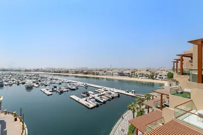 a view of a marina with boats in the water at Silkhaus Ocean View in Palm Views Holiday Vibes in Dubai