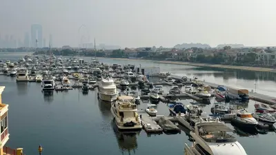 a bunch of boats are docked in a harbor at AWS Holiday Homes - Stylish Gem in the Palm in Dubai