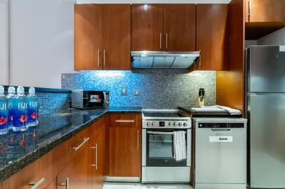 a kitchen with stainless steel appliances and wooden cabinets at FIRST CLASS 1BR Luxurious DIFC Retreat in Dubai