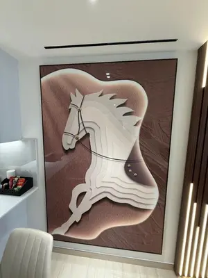 a painting of a horse on a wall in a room at Chic Comfort - Stylish One-Bedroom in Dubai