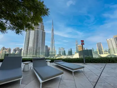 a view of a city skyline with buildings at New! PS5! Burj Khalifa view & Infinity Pool in Dubai