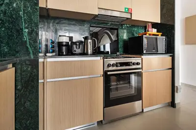 a kitchen with stainless steel appliances and green walls at Spacious Apartment - Dubai Creek Harbour by DuStay in Dubai