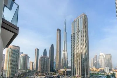 a view of a city skyline with tall buildings at Iconic 1BR l Boulevard View l Walk to Dubai Mall in Dubai