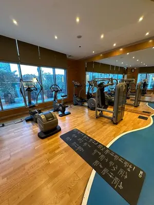 a gym with treadmills and ellipticals in a building at Royal Apartments Dubai Mall in Dubai