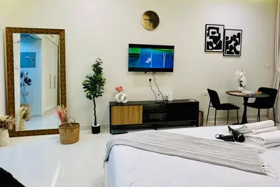 a bedroom with a bed and a mirror and a tv at Cozy Hideaway-Damac Cour Jardin near Dubai Mall in Dubai