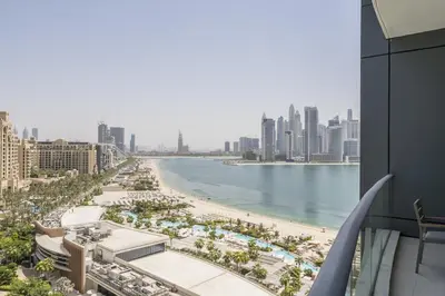 a view of the beach from a building at Oceana Baltic Palm West Beach Views 3 bd Sleeps 7 in Dubai