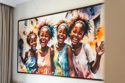 a painting of three girls on a tv screen at Luxury Apartment at Dubai Creek Harbour, Bayshore - By DuStay in Dubai