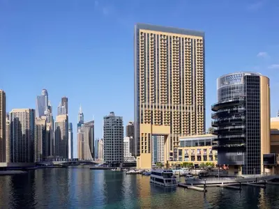 a view of a city with a river and buildings at HAVN - Studio Dubai Marina View in Dubai