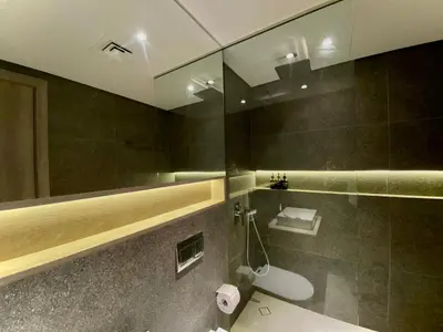 a bathroom with a toilet and a mirror at Trendy Studio with top Amenities in Dubai
