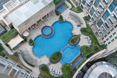 an overhead view of a pool at a resort at Burj Khalifa Views - 5 min walk from Dubai Mall - Upgraded - Designer Choice - 8 people - Dubai Opera in Dubai