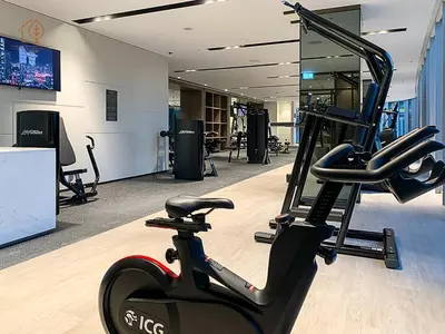 a gym with a exercise bike in a room at Luxury Home with City Views Near Dubai Mall 196GR-1 in Dubai
