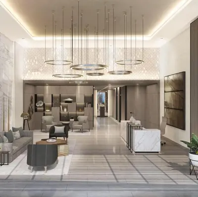 a lobby with couches and chairs and a large at Dubai Marina, LIV Residence, Luxury Studio Apartment in Dubai