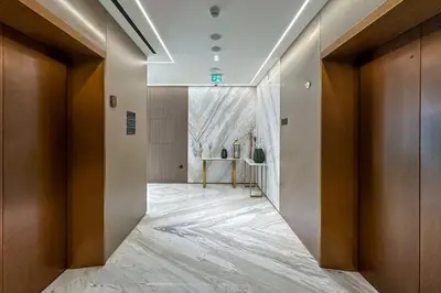 a hallway with at Binghatti Emerald, JVC- Charming 1-BR Apartment in Dubai