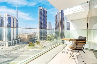 an office with a view of a city at Stunning Home Overlooking the Burj Khalifa in Dubai
