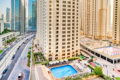 an aerial view of a city with tall buildings at Elite 1 BR in JBR with Marina Views in Dubai