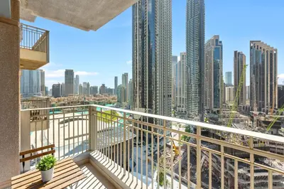 a balcony with a view of a city at Upscale 1 bedroom in the heart of Downtown in Dubai