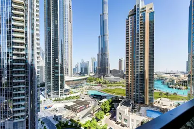 a view of a city with tall buildings at Stylish 2 Bed with Stunning Burj Khalifa View in Downtown in Dubai