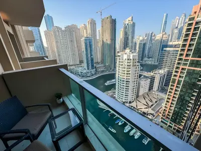 a balcony with a view of a city at Splendid Cozy Studio - Address Dubai Marina in Dubai