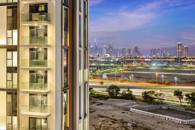 a view of a city skyline from a building at FIRST CLASS 2BR Serene Retreat in Wilton in Dubai
