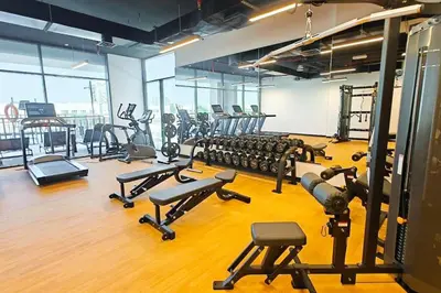 a gym with rows of exercise bikes and treadmills at TOP Location and Work and Chill near Miracle Garden in Dubai