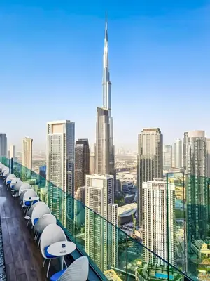 a view of the city from the observation deck of a skyscraper at Stunning 2BR with Burj View & Infinity Pool in Dubai