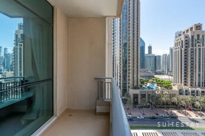 a balcony with a view of a city at One Bed with Burj Khalifa View in Dubai