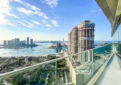 a view from the balcony of a high rise building with a view of a river at Livbnb - 1B Palm Jumeirah and Sea View at Avani in Dubai