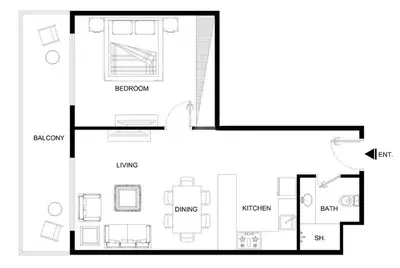 a black and white floor plan of a house at Bright 1BR with balcony in Luma 22 in Dubai