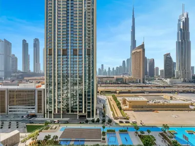 a view of a city skyline with tall buildings at Apartment in Downtown Dubai in Dubai