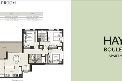 a floor plan of the hawbourne boutique apartments at Lovely calm 3BR Apt Easy Accessibility to central Dubai with huge balcony and pool view Town Square in Dubai