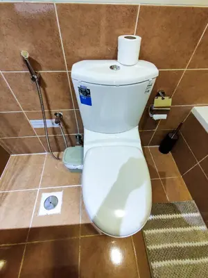 a toilet with a roll of toilet paper on top of it at Elegant Fresh 1BR with Heated Pool, just steps from Mall, Restaurants & Fitness center in Dubai
