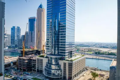 an aerial view of a city with tall buildings at 1-Bedroom in Merano Tower, Business Bay with City Views in Dubai