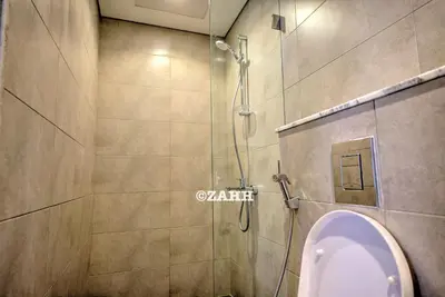 a bathroom with a shower with a urinal and a toilet at Business bay Chic Apartment in Dubai
