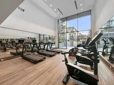 a gym with rows of treadmills and exercise bikes at FIRST CLASS 3BR Lively Sanctuary in Dubai