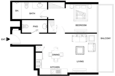 a black and white floor plan of a house at LUX The Marina Gate Sea View Suite 2 in Dubai