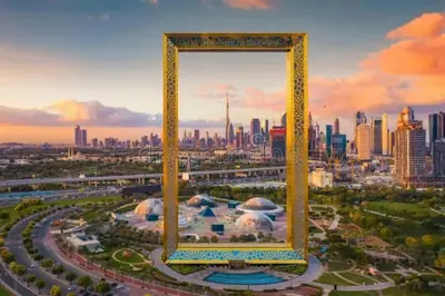 a picture frame with a city in the background at Luxury 42-Floor 1BR flat in Harbour Views in Dubai