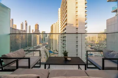 a balcony with a view of a city skyline at GuestReady - Charming studio in Business Bay in Dubai