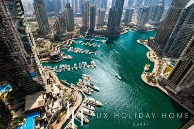 a view of a marina with boats in the water at LUX Lavish Suite with Full Marina View 4 in Dubai