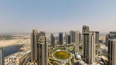an aerial view of a city with tall buildings at Classy & Cozy 2BR Harbour Point in Dubai
