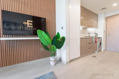 a kitchen with a tv and a potted plant at Everluxe Modern Pool View Studio In Al Jaddaf in Dubai