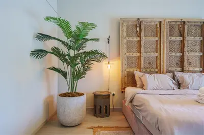 a palm tree in a large pot in a bedroom at Spacious 4BR in Madinat Jumeirah Living in Dubai