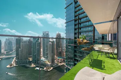 a balcony with a view of a city at Marina Views in Walkable Location with Pool & Gym in Dubai